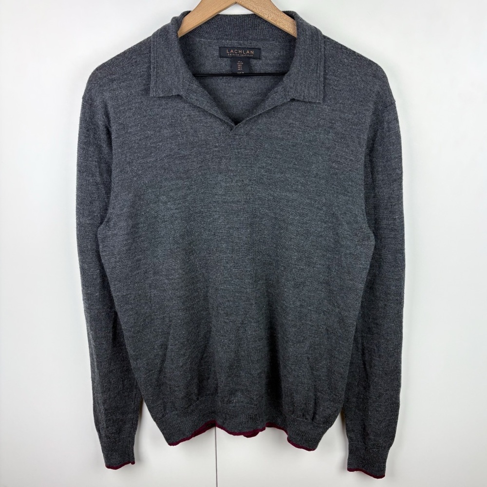 Lachlan 100% Merino Wool Polo Collared Sweater Gray Purple Trim Mens Large